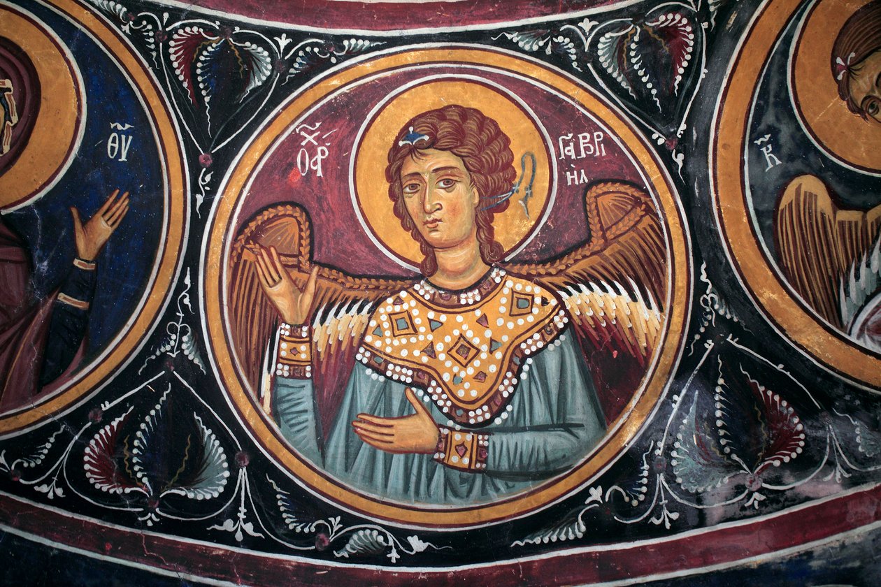 Gabriel Ærkeengel Medaljon omkring Kristus og den sidste dom Detalje af den byzantinske fresko fra Narthex-hvælvingen i kirken Asinou Sidste domsscene 1300-tallet (1332) UNESCO, verdens kulturarvssted Troodos-regionen, Cypern af Unbekannt