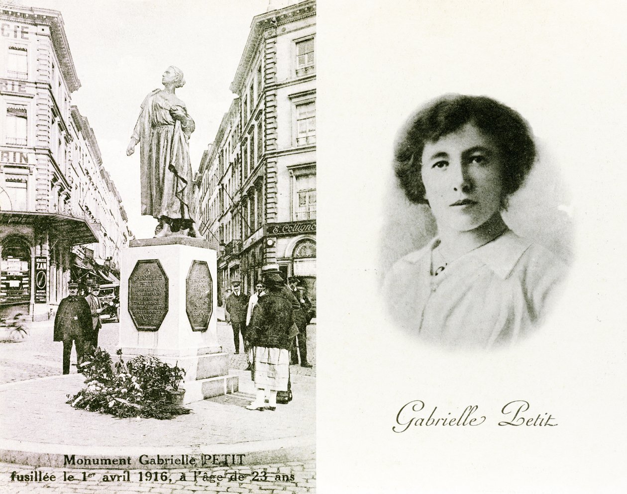 Gabrielle Petit og monumentet rejst til hendes ære i Bruxelles, mindekort, ca. 1925 (litho) af Unbekannter Künstler