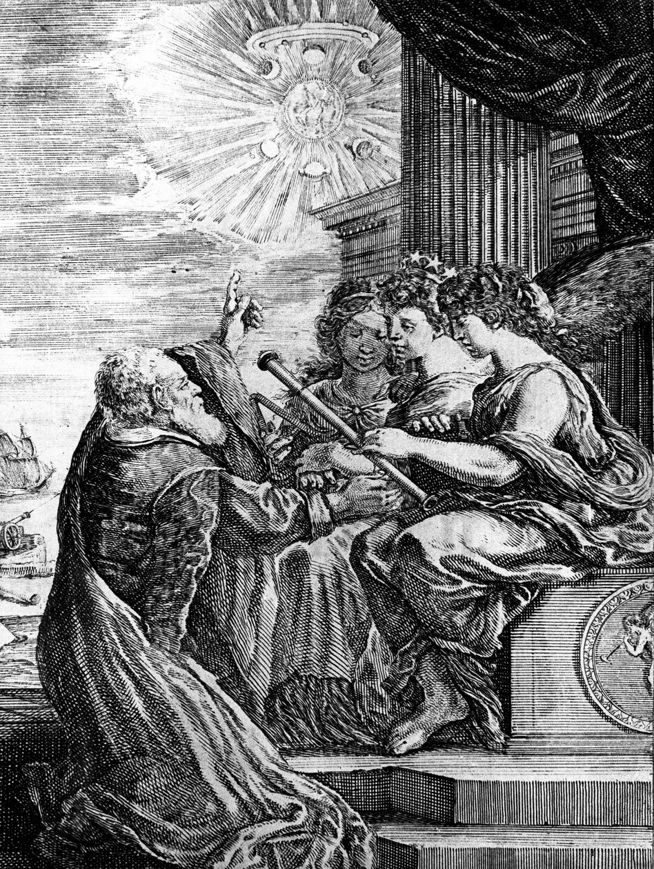 Galileo præsenterer sit teleskop for muserne og peger på et heliocentrisk system af universet af Unbekannter Künstler