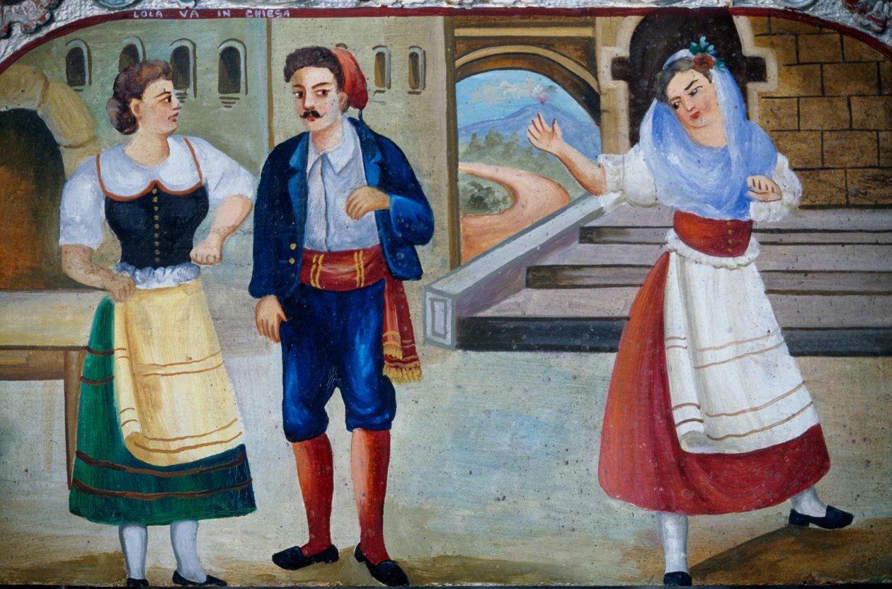 Galant scene med udklædte figurer, træpanelmaleri, siciliansk kunsthåndværk, Sicilien, Italien, Detalje af William M. Timlin