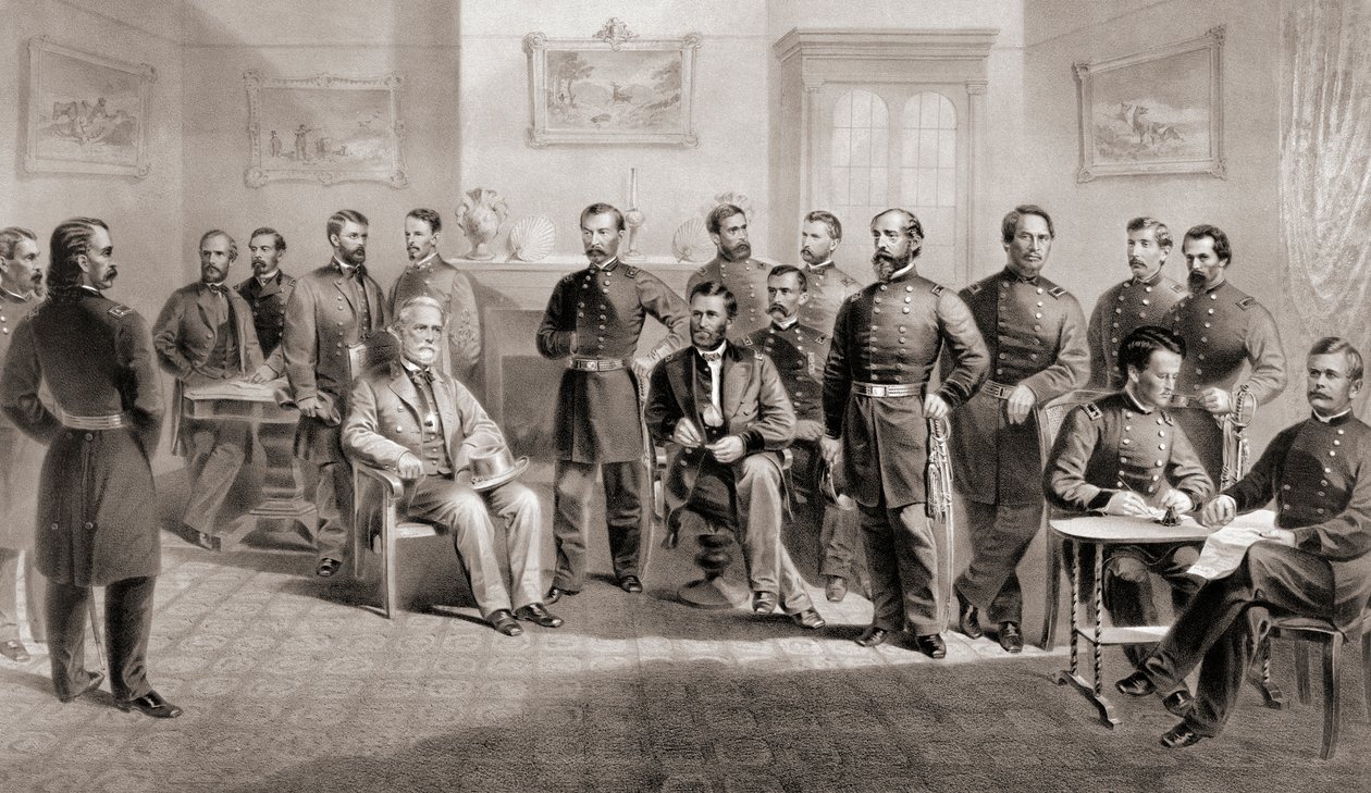 General Ulysses S. Grant (siddende i midten til højre) og general Robert E. Lee (siddende i midten til venstre) med deres respektive stab ved Appomattox Courthouse, Virginia, hvor general Lee overgav Army of North Virginia og dermed afsluttede den amerikan af Unbekannt
