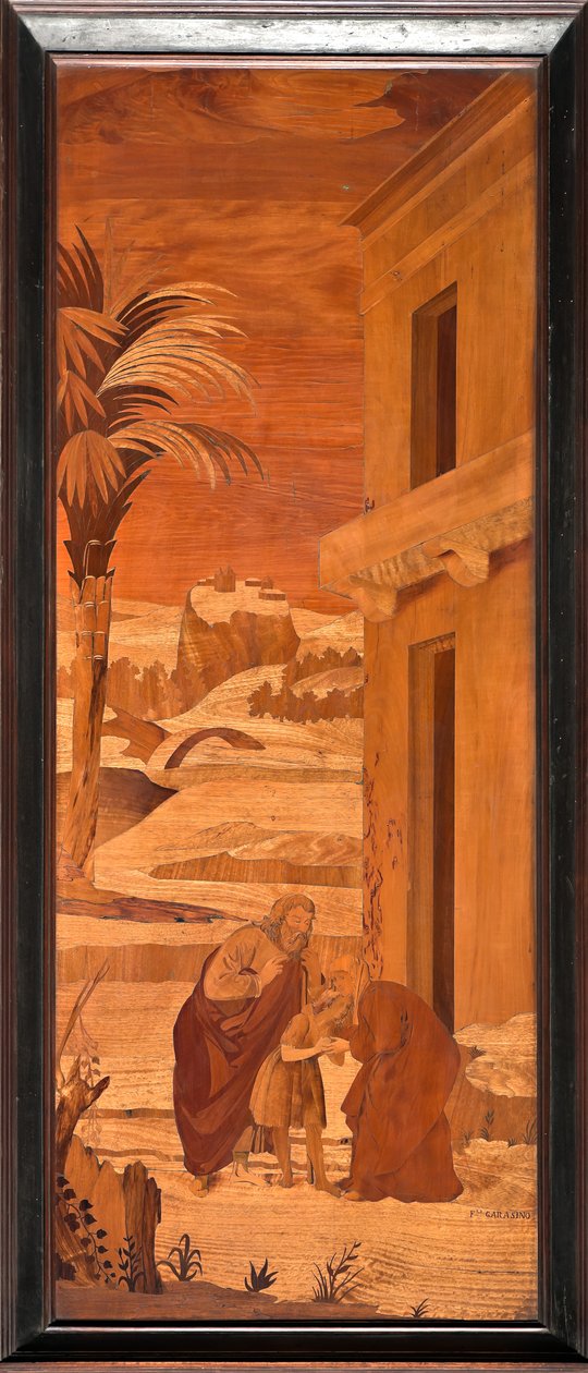 Genova, Duomo (St. Lawrence Cathedral), indvendigt, apsis, kor, nordsiden: "St. Johannes Døberen tager orlov fra sin familie", træ intarsia af Vincenzo e Tommaso Garassino (XIX århundrede) af Unbekannter Künstler