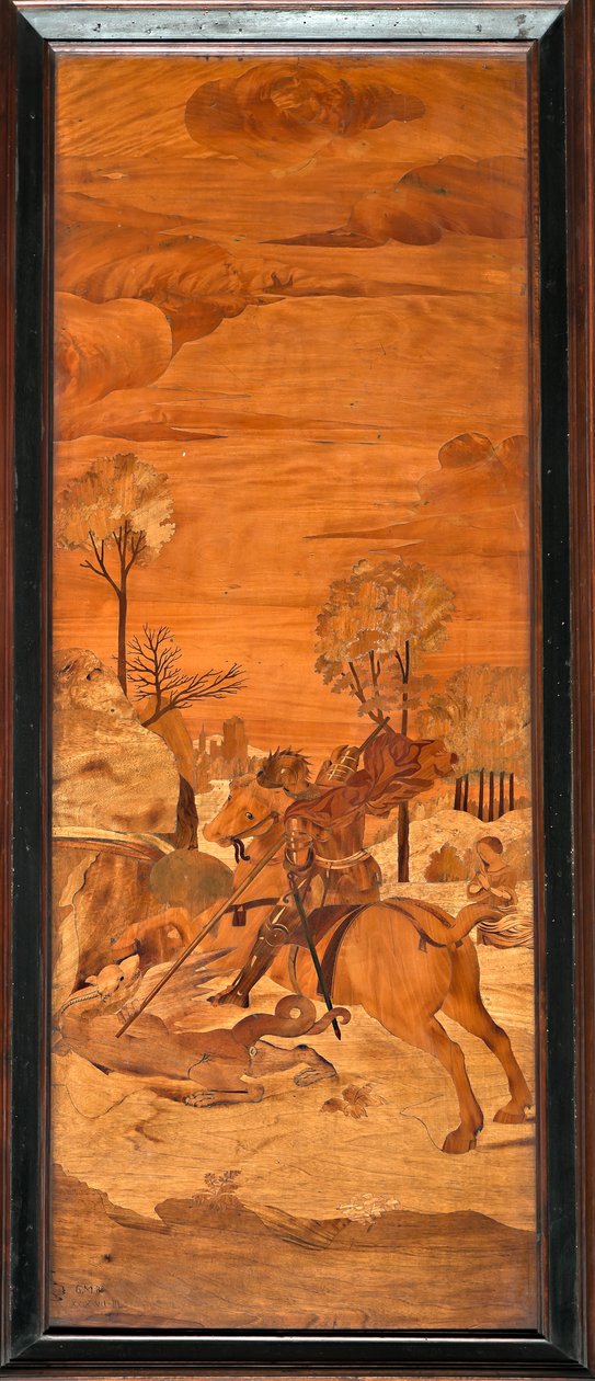 Genova, Duomo (St. Lawrence Cathedral), interiør, apsis, kor, syd: "St George and the Dragon", træ-intarsia af Vincenzo og Tommaso Garassino (1800-tallet); af Unbekannter Künstler