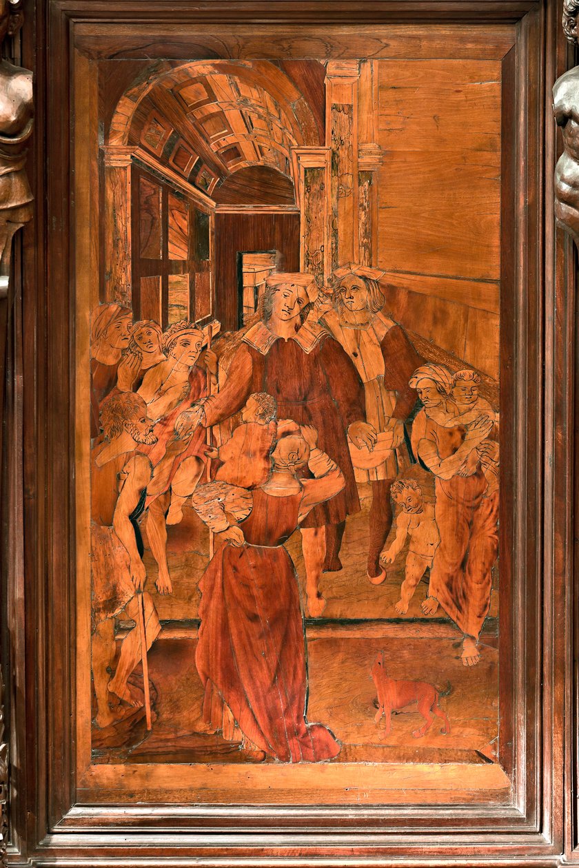 Genova, Duomo (St. Lawrence Cathedral), interiør, præsbyterium, apsis, kor, nordsiden: "The Charity of St Lawrence", træ intarsia af Gian Michele de