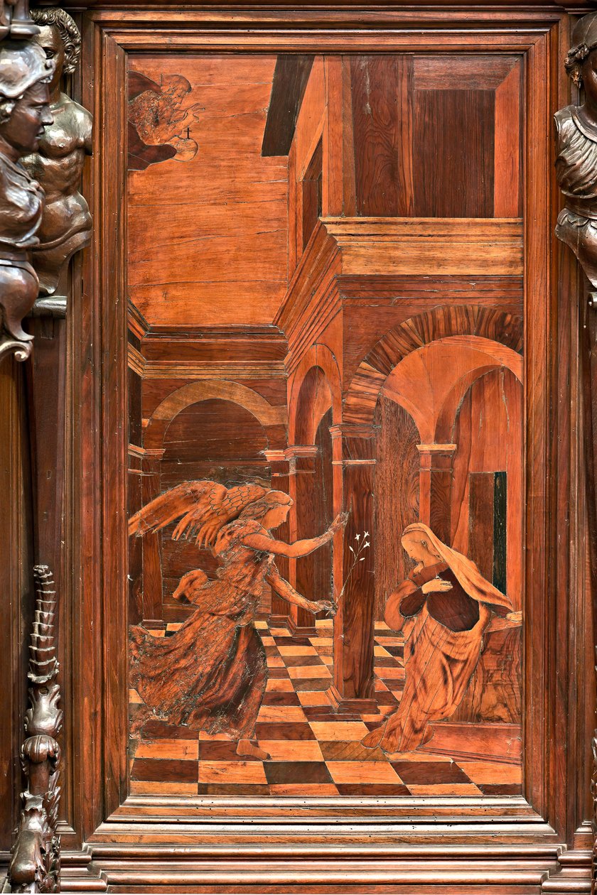 Genova, Duomo (St. Lawrence Cathedral), indvendig, præstegård, apsis, kor, sydside: "Annunciation", træ intarsia af Gian Michele De