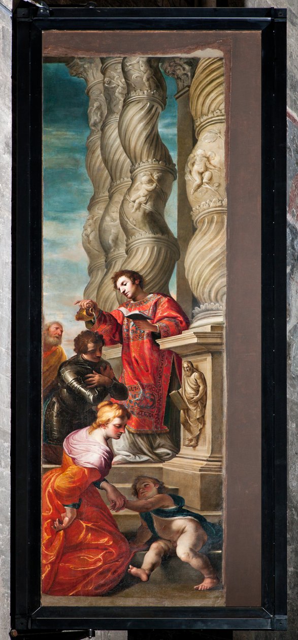 Genova, Duomo (St. Lawrence Cathedral), interiør, venstre gang, originale døre til orglet på sydsidens tværarm: "St Lawrence christens St Romanus" (1634-6), af Andrea Ansaldo af Unbekannter Künstler