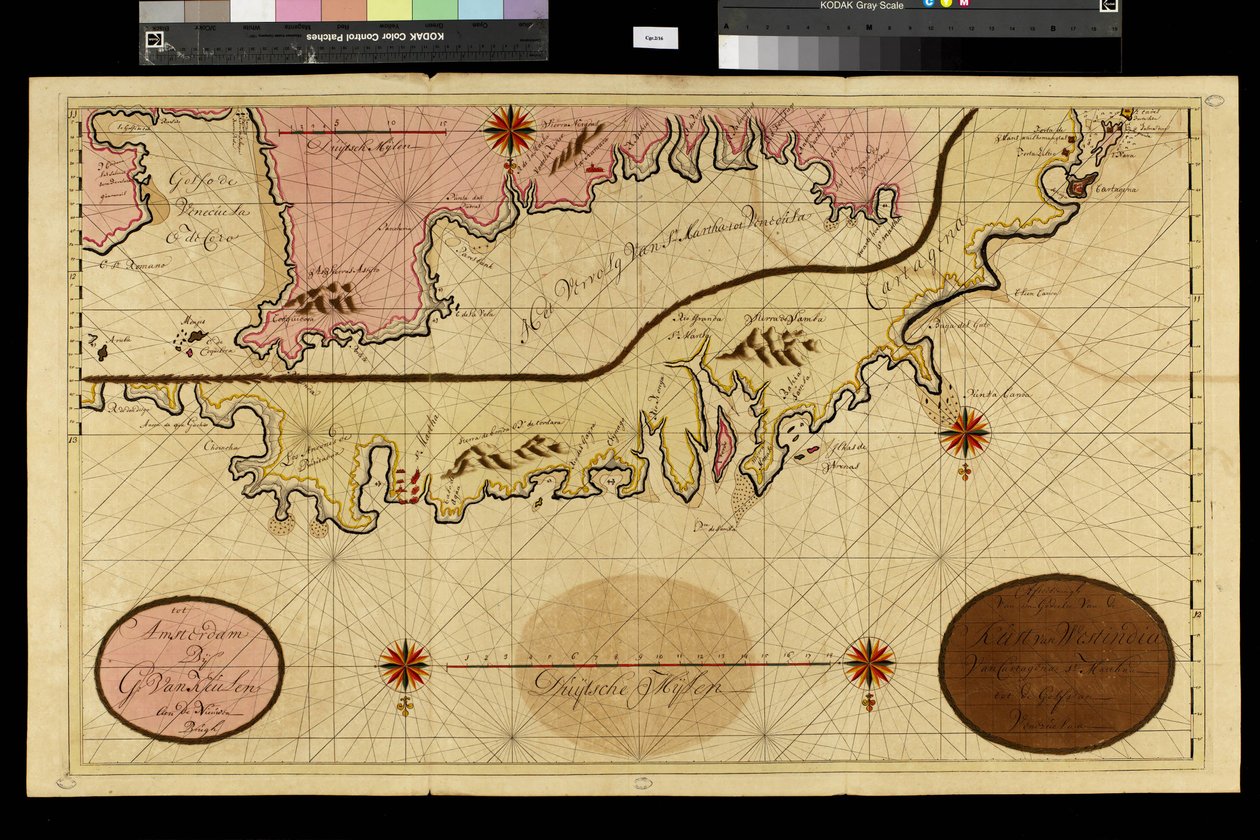 Geografisk kort: repræsentation af Cartagena i Colombia, lavet af den hollandske kartograf Gerard van Keulen (1678-1726) 1709-1713. Biblioteca Angelica, Rom af Unbekannter Künstler