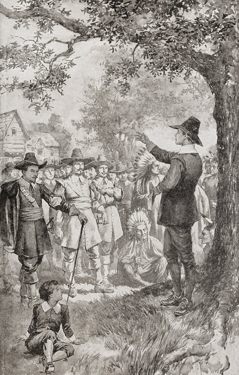 George Fox prædiker for en folkemængde i Maryland, Amerika, i 1671 under et firedages møde for lokale kvækere. George Fox af Unbekannter Künstler
