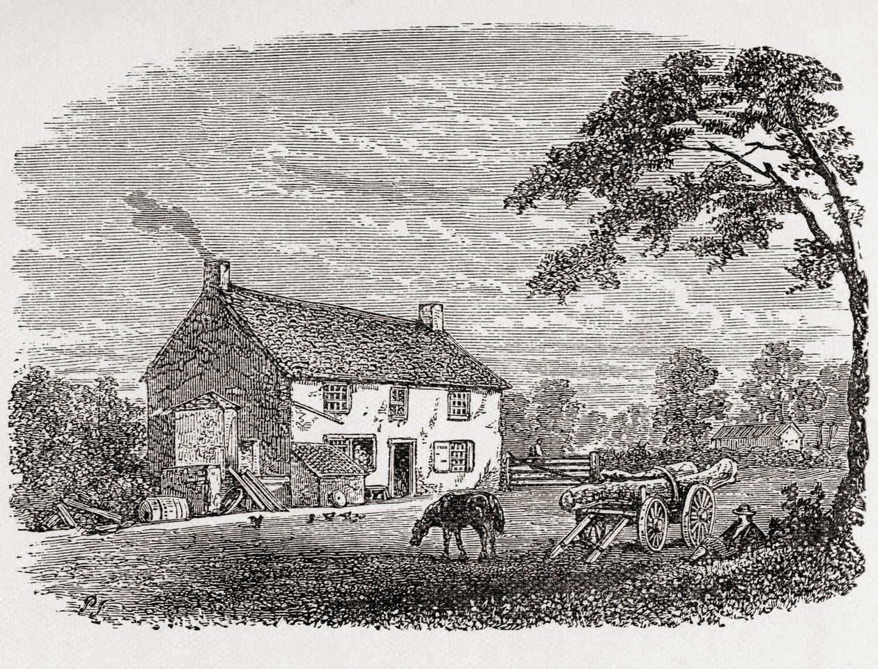 George Stephensons fødested. George Stephensons stenhus fra det 18. århundrede i Wylam, Northumberland, England, som her ses i det 19. århundrede. Fra Great Engineers, udgivet ca. 1890 (s/h-gravering). af Unbekannter Künstler