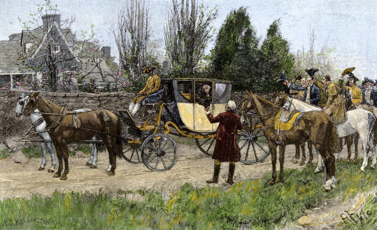 George Washington (1732-1799) hilst velkommen af sine naboer, da han forlod Virginia for at tiltræde som USA