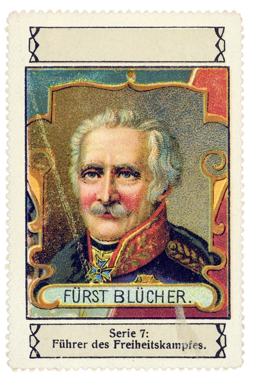 Tysk frimærke med billedkunst af Gebhard Leberecht von Blucher (1742-1819) tysk kommandant i slaget ved Waterloo. Chromolithografi-serien "Fuhrer des Freiheitskampfes", begyndende 20. århundrede af Unbekannter Künstler