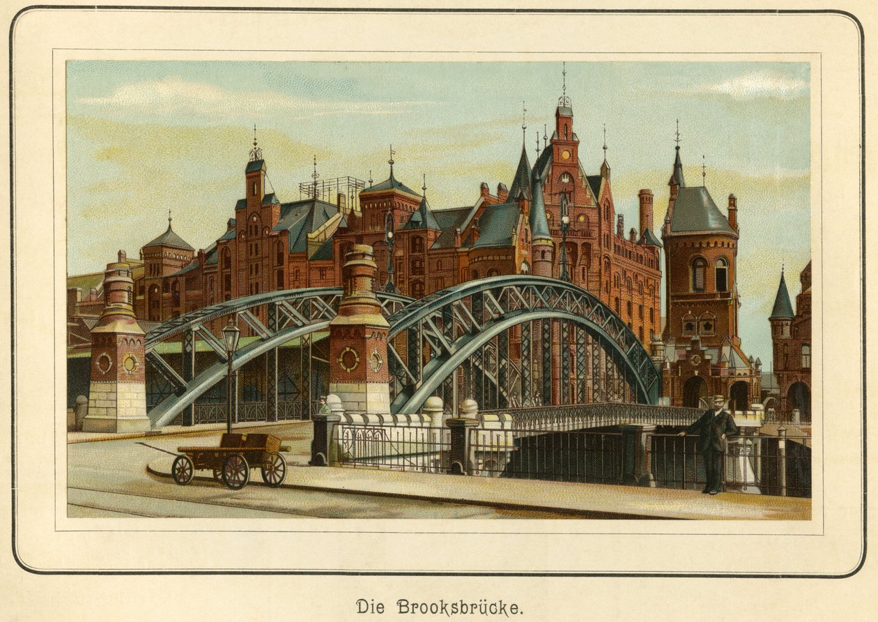 Tyskland, Hamborg, "Brooksbruecke" (Brooks-broen) og i baggrunden havnens lagerbygninger, kaldet "Speicherstadt", ca. 1890 (litografi) af Unbekannter Künstler