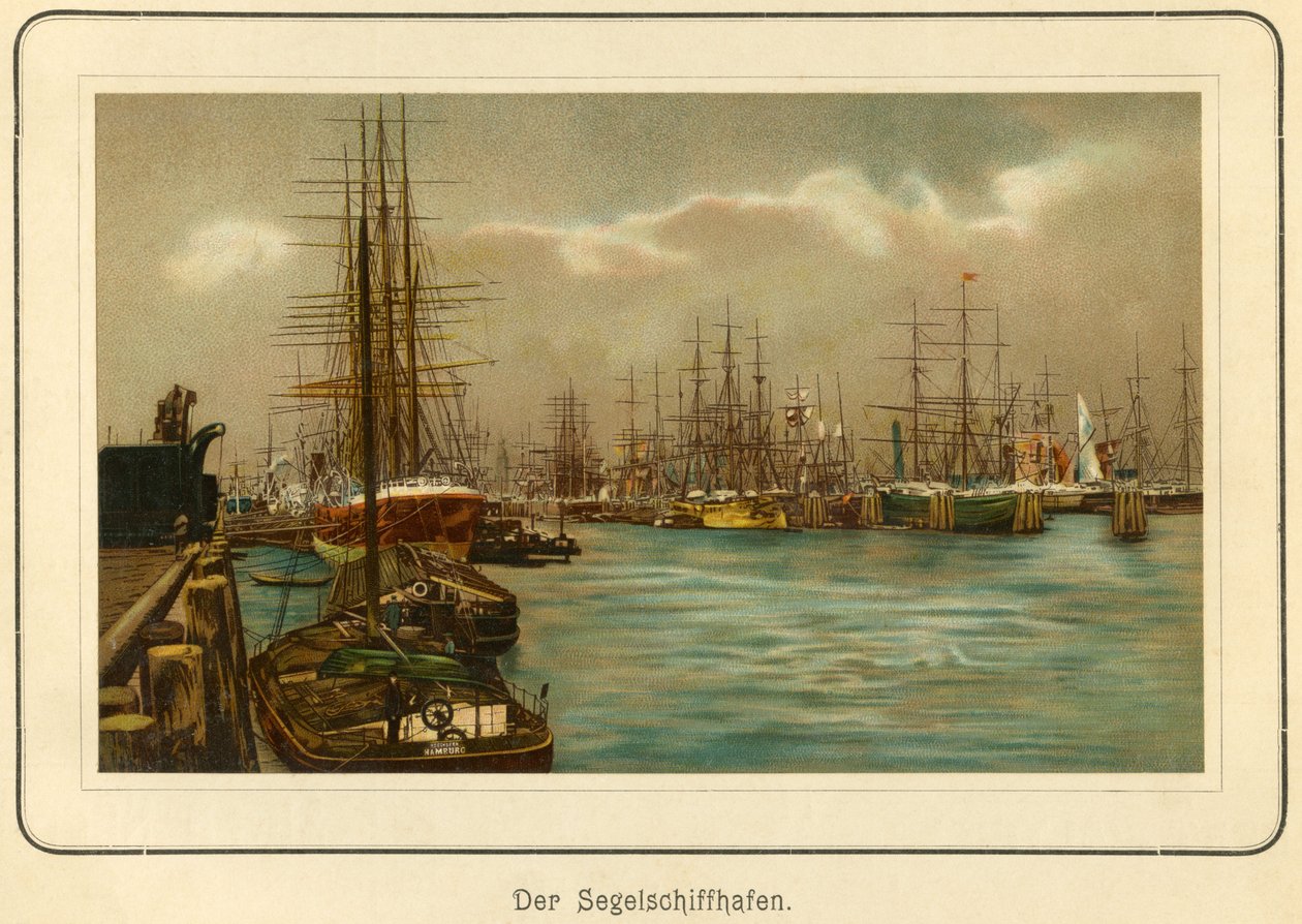 Tyskland, Hamborg, havnen for sejlskibe, litografi fra : "Ansichten-Album Hamburg" (udsigter fra Hamborg), udgivet af C. Schneider, Berlin NW, ca. 1890 (litografi) af Unbekannter Künstler