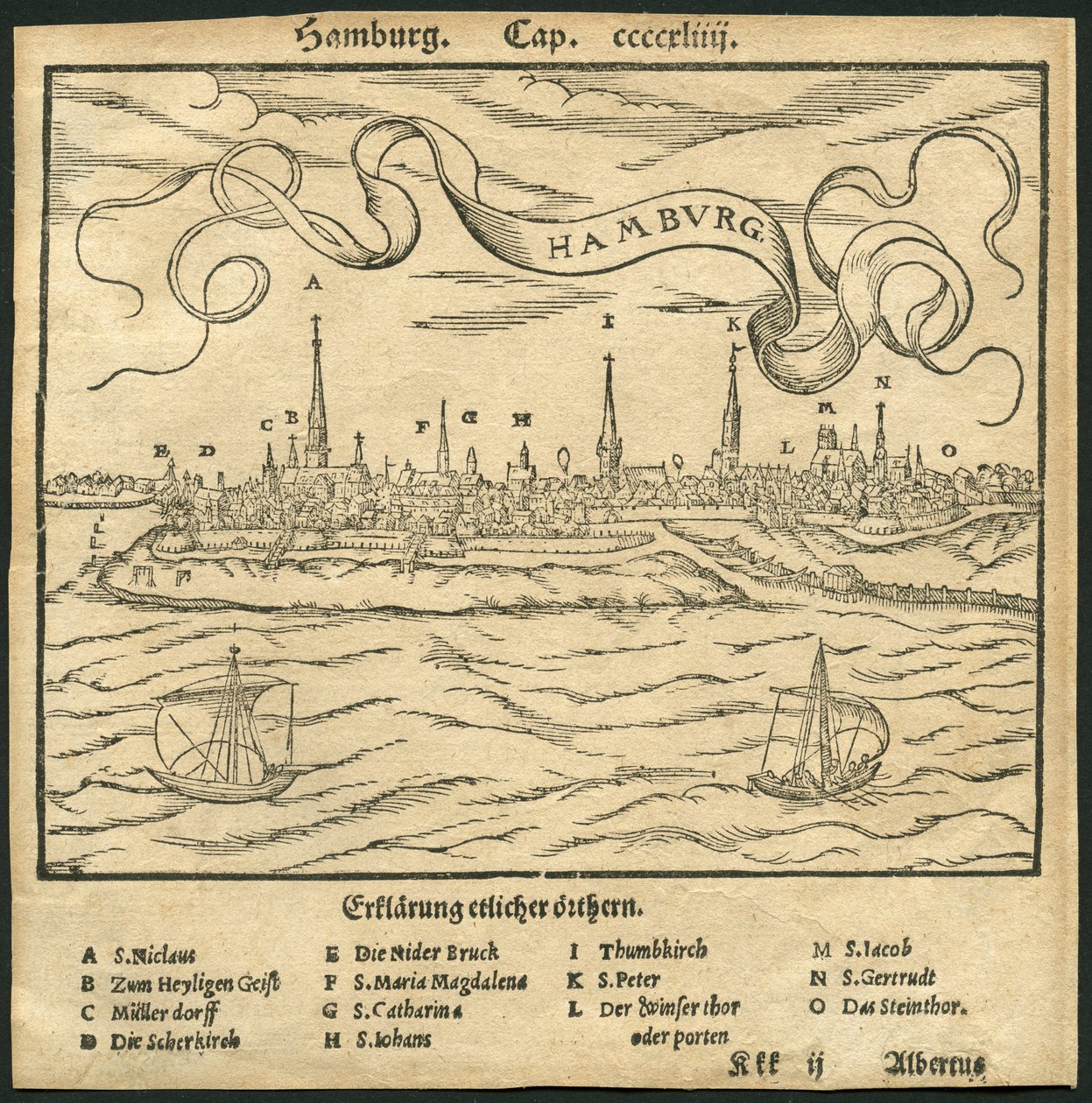 Tyskland, Hamborg, udsigt til byen, i forgrunden floden Elben, illustration fra Cosmographia af Sebastian Münster (Munster), ca. 1570 (stik) af Unbekannter Künstler
