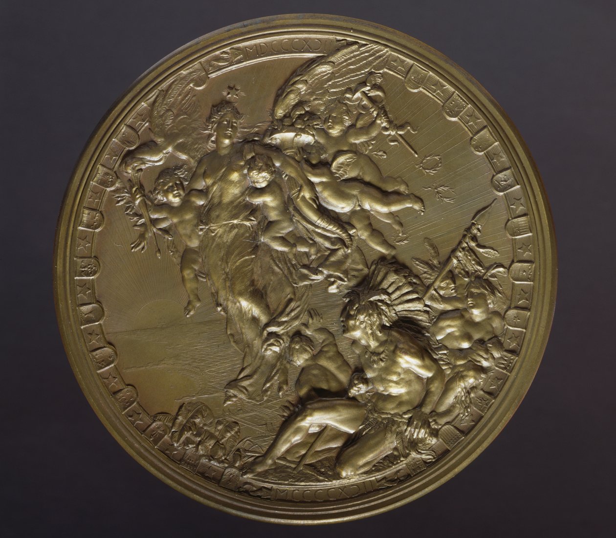 Forgyldt bronzemedalje til markering af 400-året for opdagelsen af Amerika (1492-1892) af Benjamin Baud