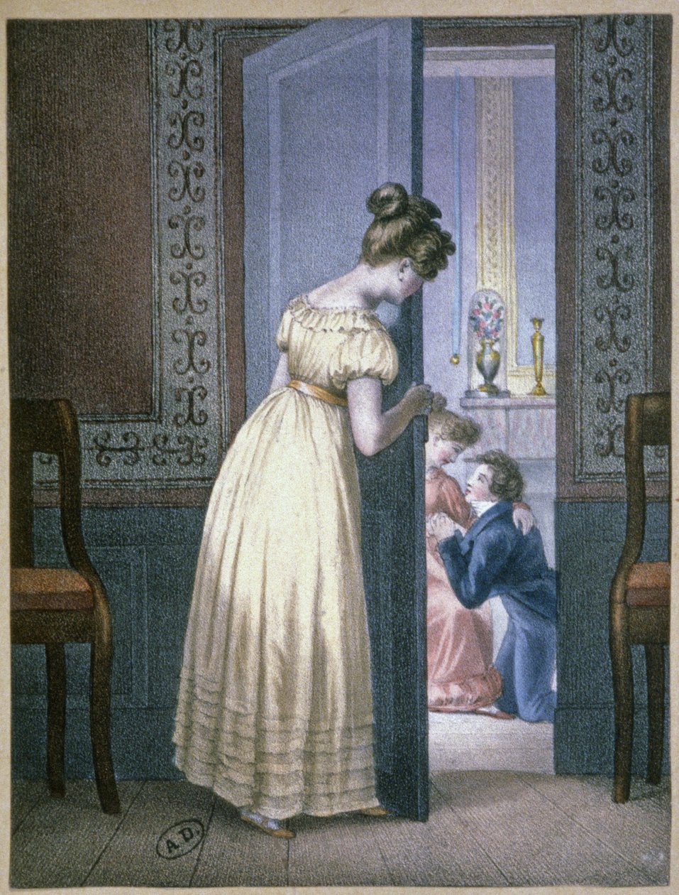 Pige lytter til to elskendes private samtale, ca. 1820 (stik) af Unbekannter Künstler