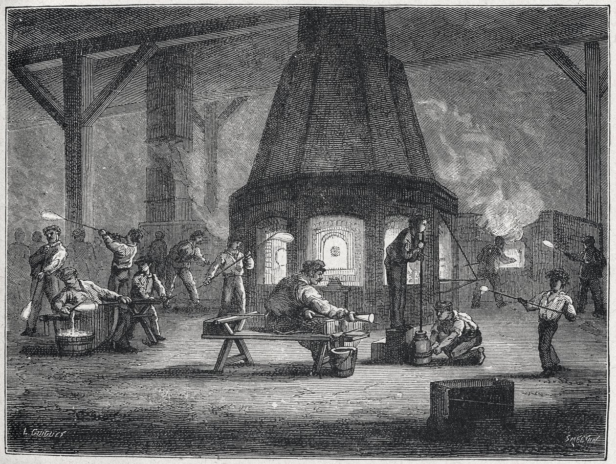 Glasfremstilling i anden halvdel af 1800-tallet: børn arbejder, ca. 1880 (kobberstik) af Unbekannter Künstler