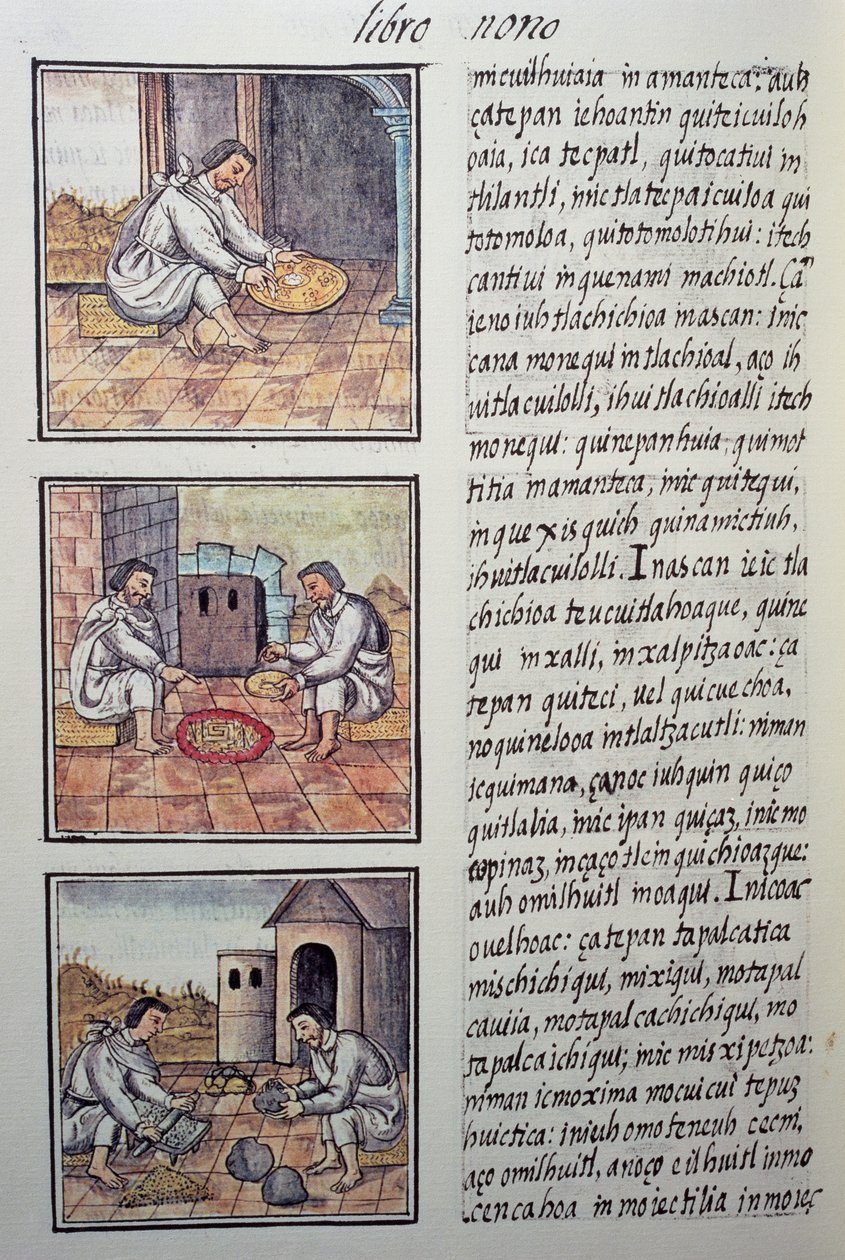 Guldbearbejdning efter den spanske erobring, side fra den florentinske Codex, General History of the Things of New Spain, af den spanske missionær Fray Bernardino de Sahagun (1499-1590). Aztekisk civilisation af William M. Timlin