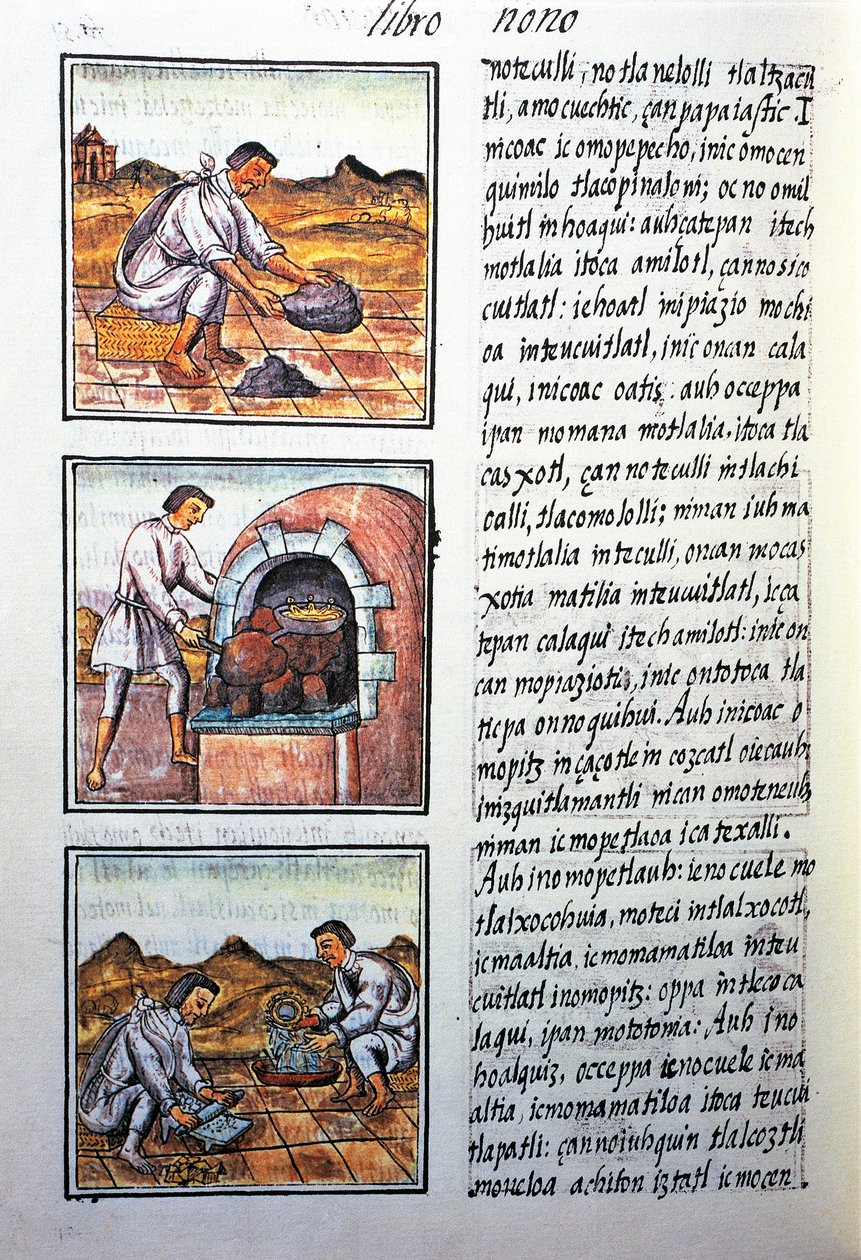 Guldbehandling af spansk, tekst i Nahuati, fra faksimile af manuskript General History of Things of New Spain, også kendt som Florentine Codex, af Bernardino de Sahagun af Benjamin Baud