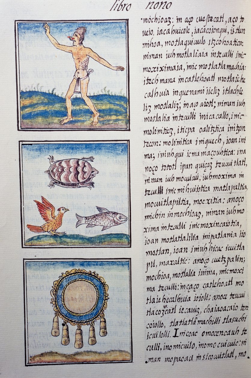 Guldsmed, side fra den florentinske Codex, tosproget version på spansk og Nahuatl, General History of the Things of New Spain, af den spanske missionær Fray Bernardino de Sahagun (1499-1590). Aztekisk civilisation af William M. Timlin