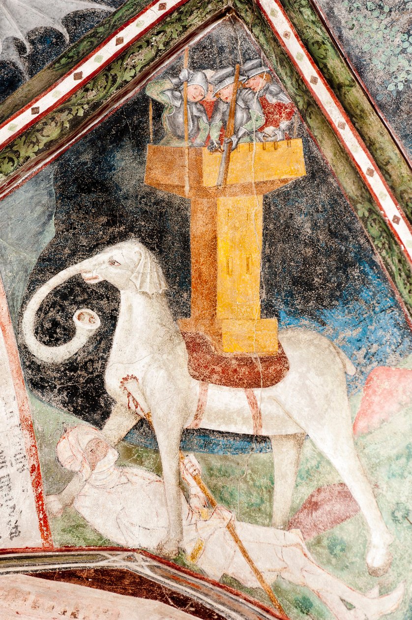 Gotisk fresco; Eleazar Awaran dræber Krigselefanten Soliman og bliver knust den; 3. Kloster; Katedral; Brixen; Sydtyrol; Italien; Europa af Unbekannt