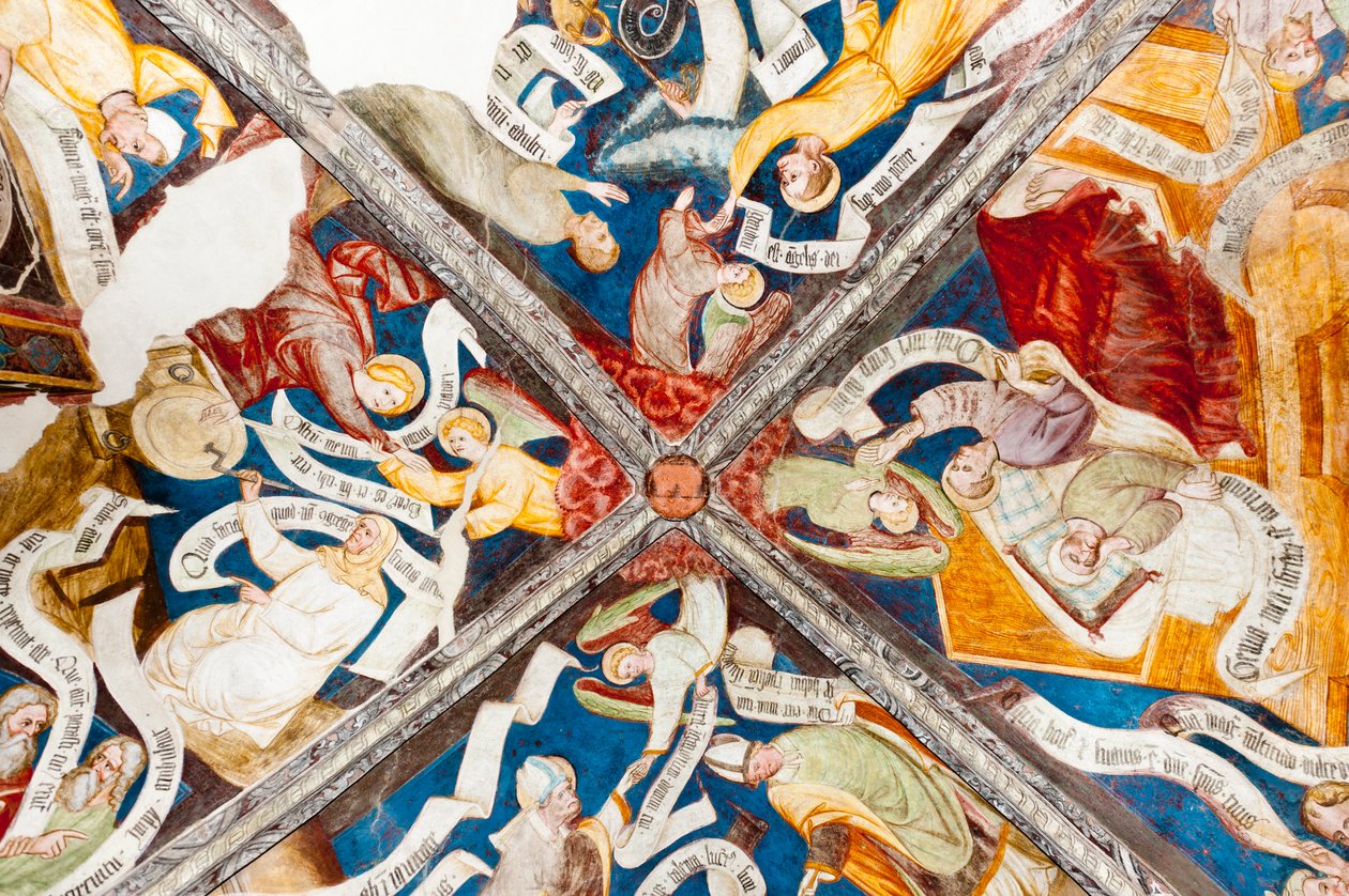 Gotisk fresco; lovprisning af dyden; censur af last; med at skrive; 10. kloster; Katedral; Brixen; Sydtyrol; Italien; Europa af Unbekannt