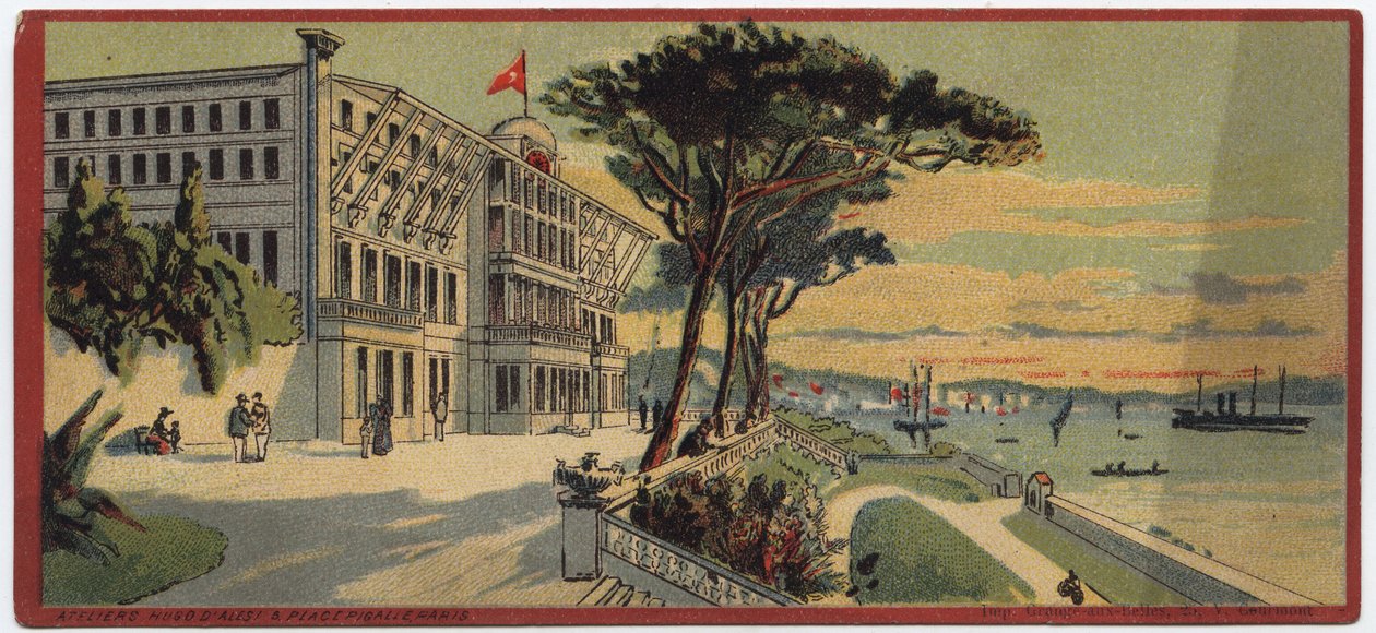 Grand hotels: udvendig udsigt over Therapia Summer Palace i Konstantinopel i Tyrkiet - Kort over en serie, der præsenterer hotellerne i "Compagnie Internationale des Grands Hotels", slutningen af det 19.-begyndelsen af det 20. århundrede af William M. Timlin
