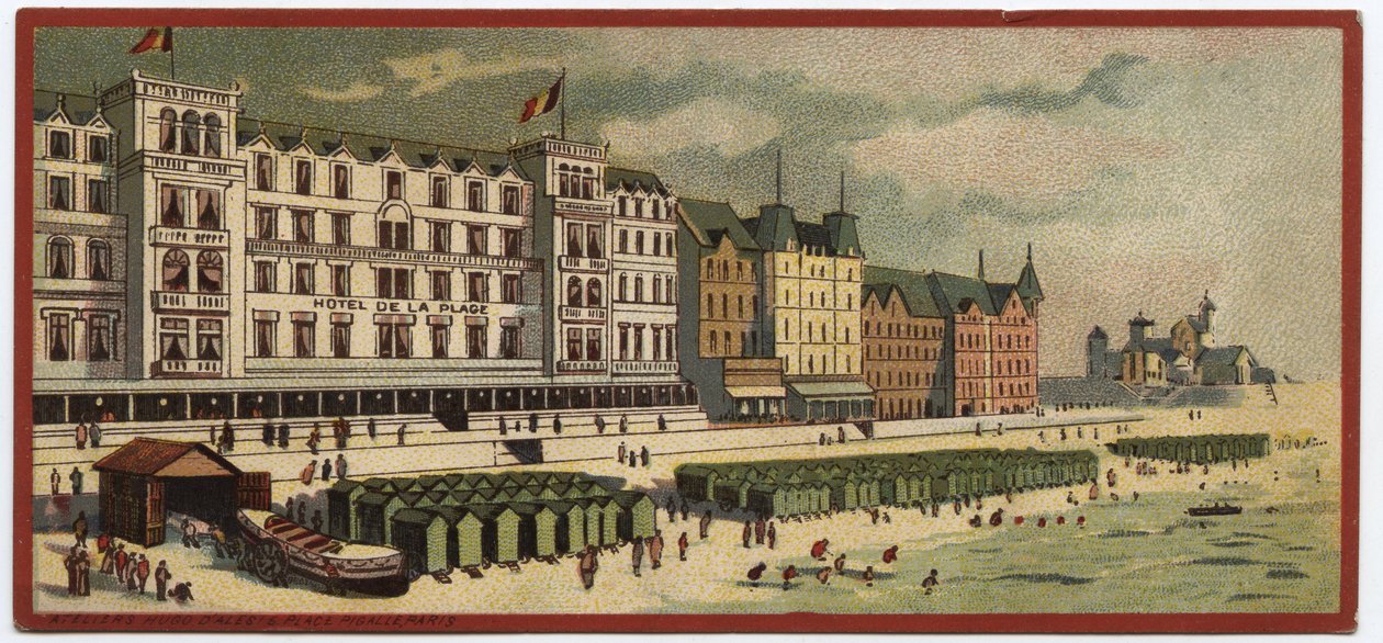 Store hoteller: udvendig udsigt af Hotel de la Plage i Oostende, Belgien - Kort over en serie, der præsenterer hotellerne i "Compagnie Internationale des Grands Hotels", slutningen af det 19.-begyndelsen af det 20. århundrede af William M. Timlin