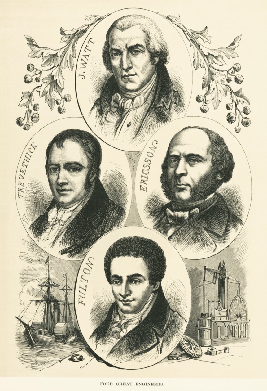 Store ingeniører og opfindere: James Watt, John Ericsson, Robert Fulton, Richard Trevithick, ca. 1880 (s/h-foto) af Unbekannt