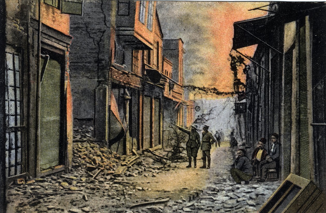 Grækenland, Saloniki (eller Thessaloniki): udsigt over Tunsky Street delvist ødelagt, sandsynligvis efter branden i 1917 - Postkort 1914-1918 af William M. Timlin
