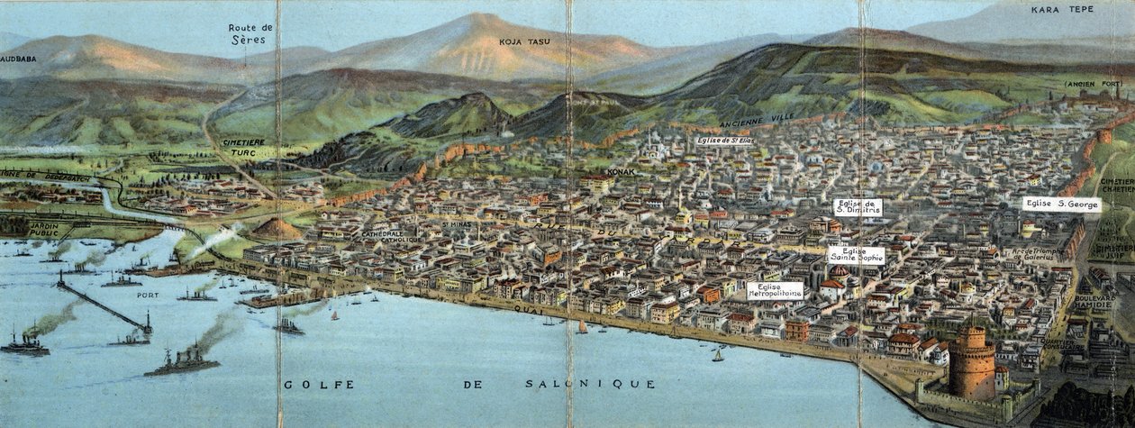 Grækenland, Saloniki (eller Thessaloniki): udsigt over byen og bugten - Postkort 1914-1918 af William M. Timlin
