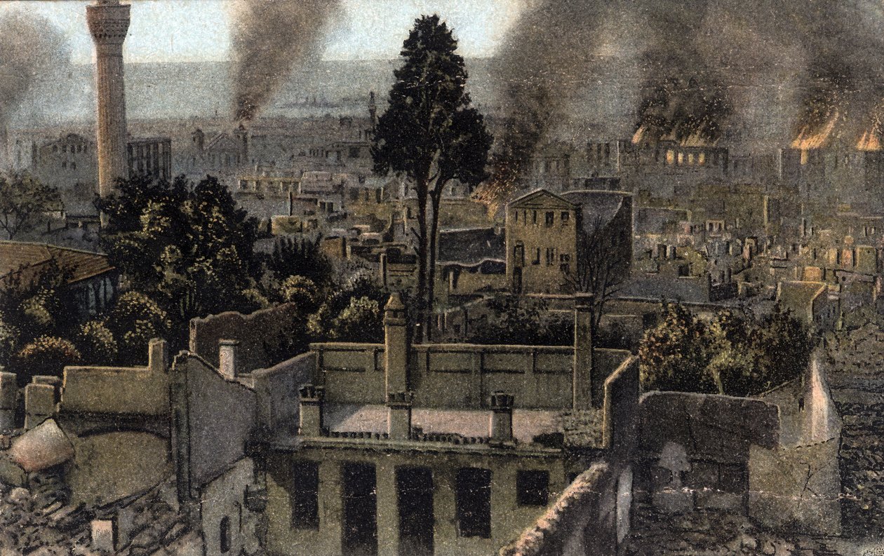 Grækenland, Saloniki (eller Thessaloniki): udsigt over den øvre by delvis brændt, sandsynligvis under branden i 1917 - Postkort 1914-1918 af Unbekannter Künstler