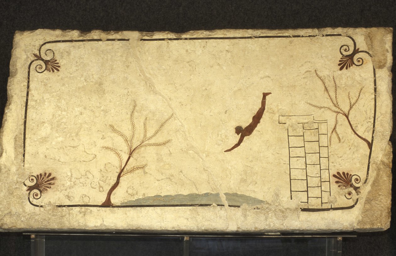 Græsk kunst: Fresko af dykkerens grav, Paestum, regionen Campagnie, Italien. Tomba del Tuffatore, vægmaleri, Paestum arkæologiske park, Campania, Italien af Unbekannter Künstler