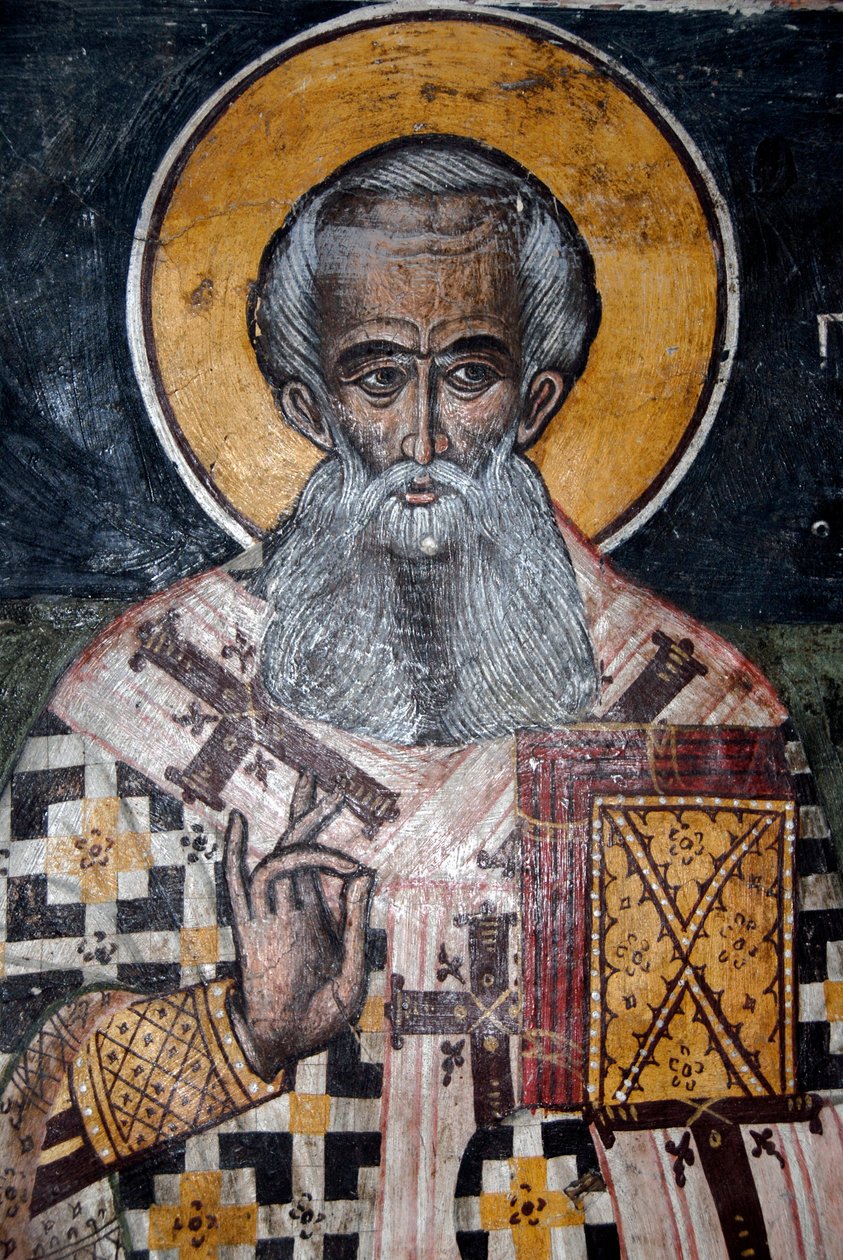 græsk-ortodoks kristendom; gamle byzantinske fresker; vægmaleri af biskop Nicholas; Agios Nikolaos kirke i Petra; Lesbos; Ægæiske hav; Grækenland; Europa af Unbekannt