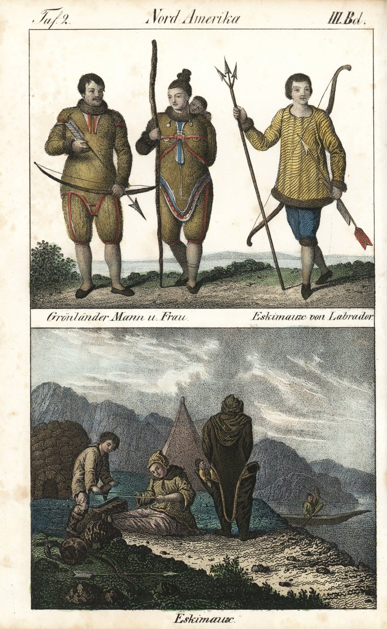 Grønlændere iført skind og en inuit fra Labrador (Canada) med en trefork. Nedenfor ses en daglig scene af inuit-familielivet foran en iglo, et telt og en kano, Nordamerika. Litografi til bogen: "Galerie complete en tableaux fideles des af Unbekannter Künstler