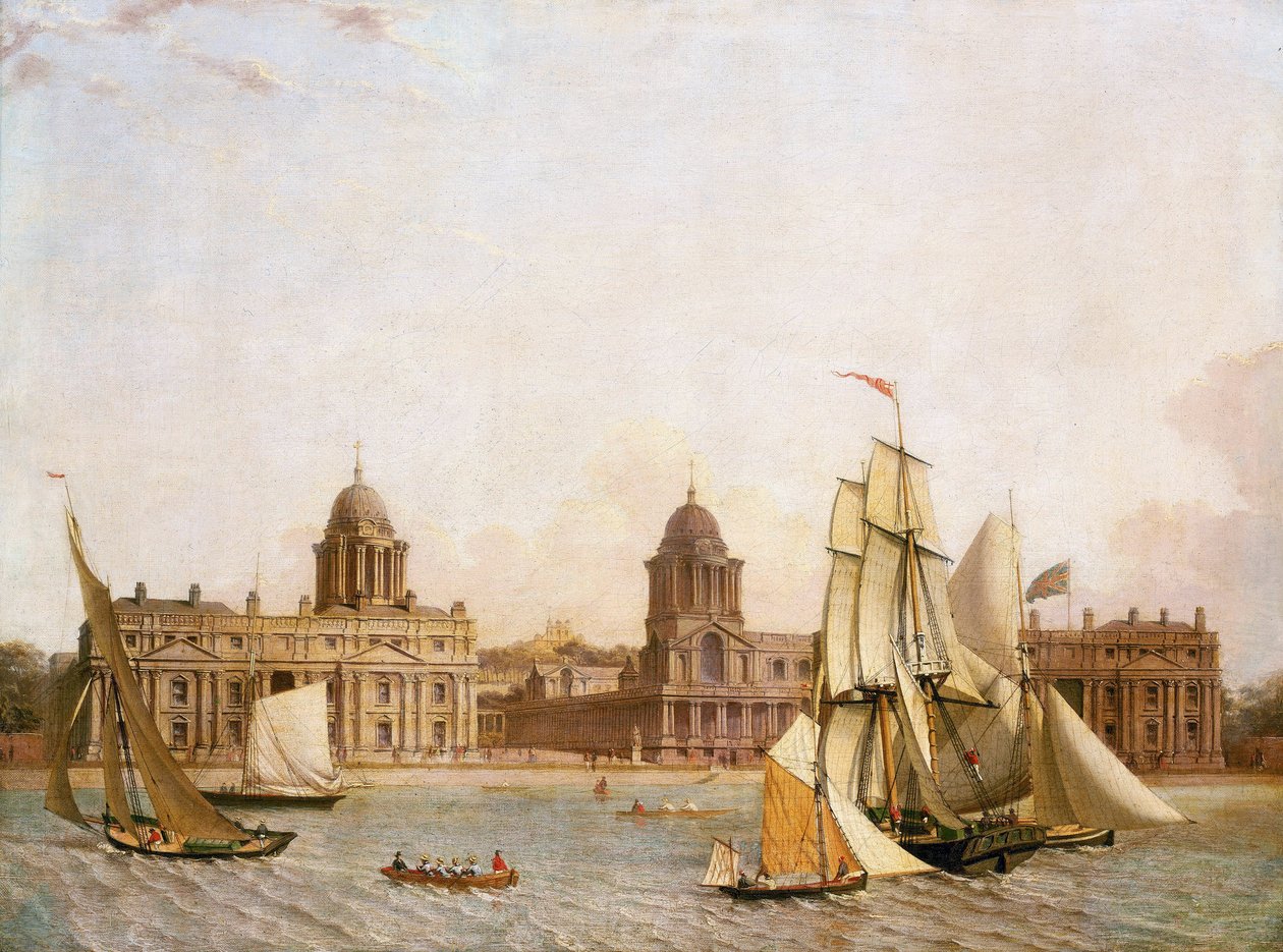 Greenwich Hospital (England), fra Isle of Dogs (Themsens nordlige bred), med sejlads af forskellige både på floden. Olie på lærred, ca. 1830-1840 af Unbekannter Künstler
