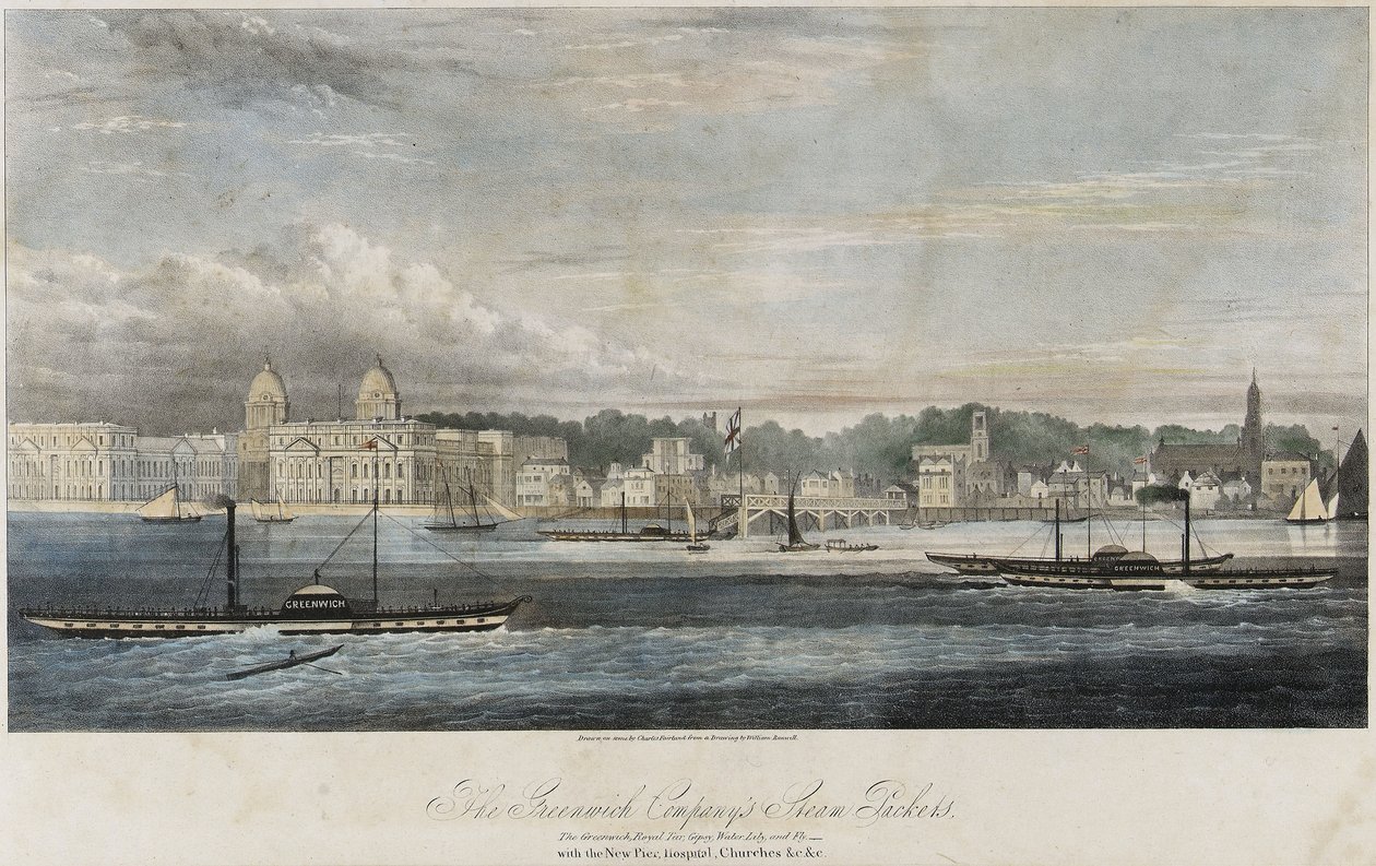 Greenwich Transport Company-dampskibe (Greenwich, Royal Tar, Gipsy, Water Lily og Fly) foran Greenwich