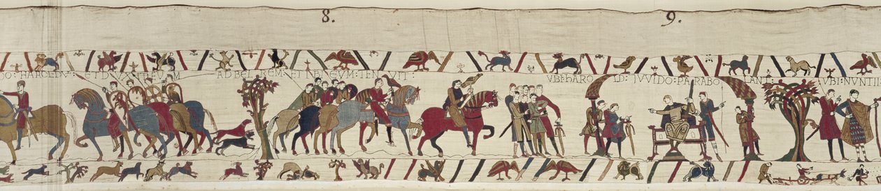Guy of Ponthieu tager Harold som fange til slottet Beaurain, Bayeux Tapestry (uldbroderi på hør) af Unbekannt