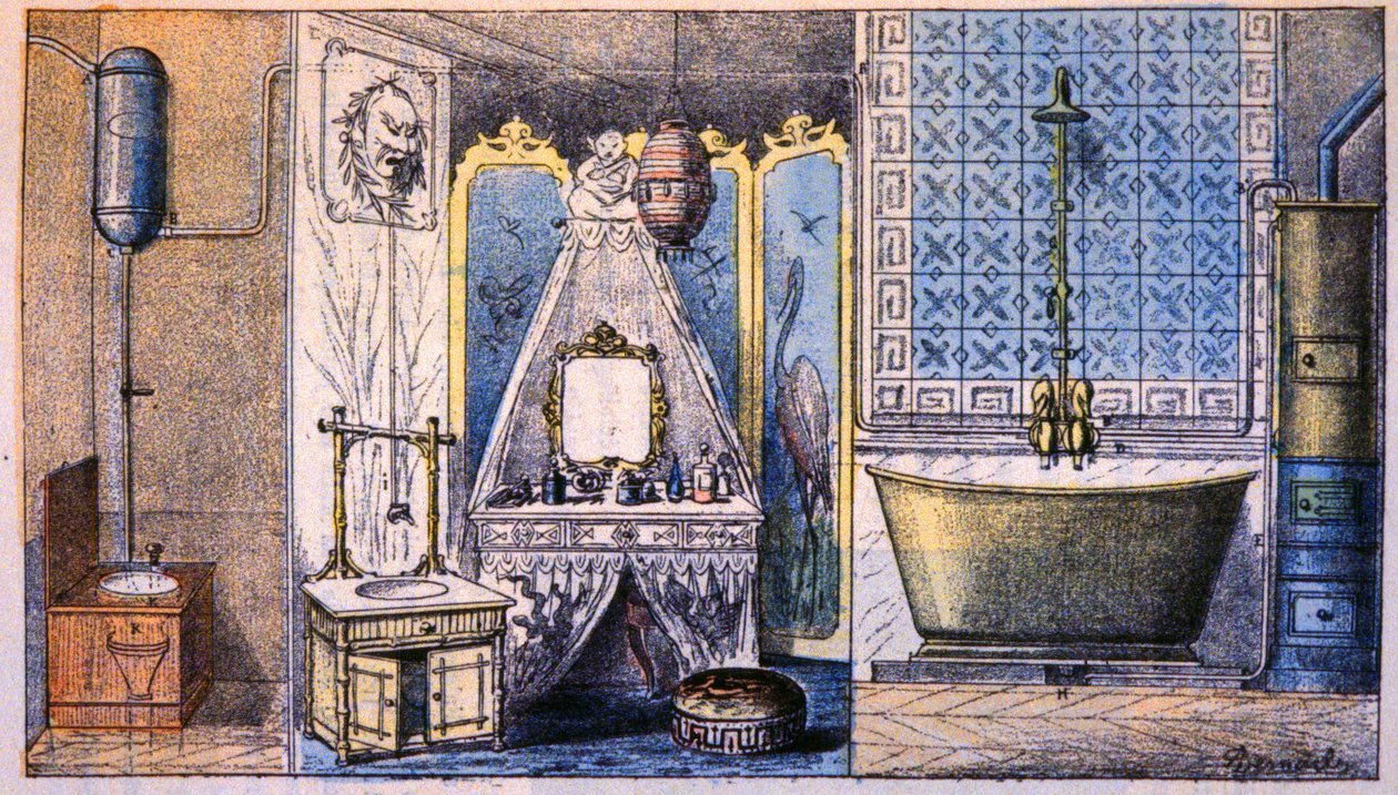 Habitat management: toilet, badeværelse og bad, ca. 1870 (stik) af Unbekannter Künstler