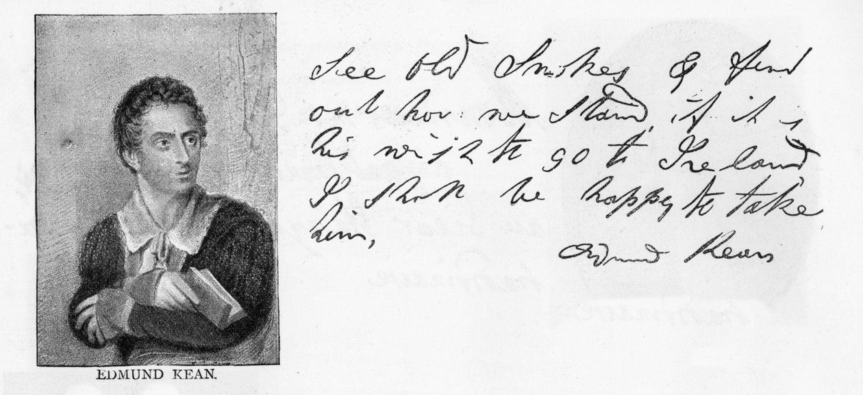 Håndskrift og underskrift af Edmund Kean (pen & blæk på papir) af Unbekannt