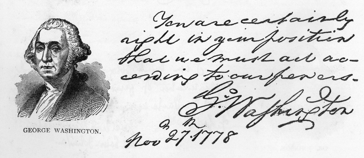 Håndskrift og underskrift af George Washington fra et brev vedrørende Washingtons planer for hæren om vinteren, skrevet i Fredericksburg til Gouverneur Morris, 27. november af Unbekannt