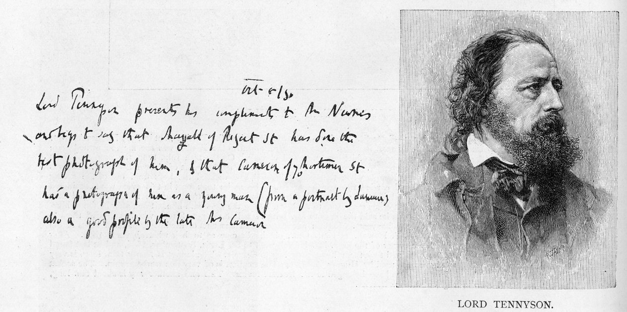 Håndskrift og underskrift af Lord Tennyson (litho og pen og blæk på papir) af Unbekannt