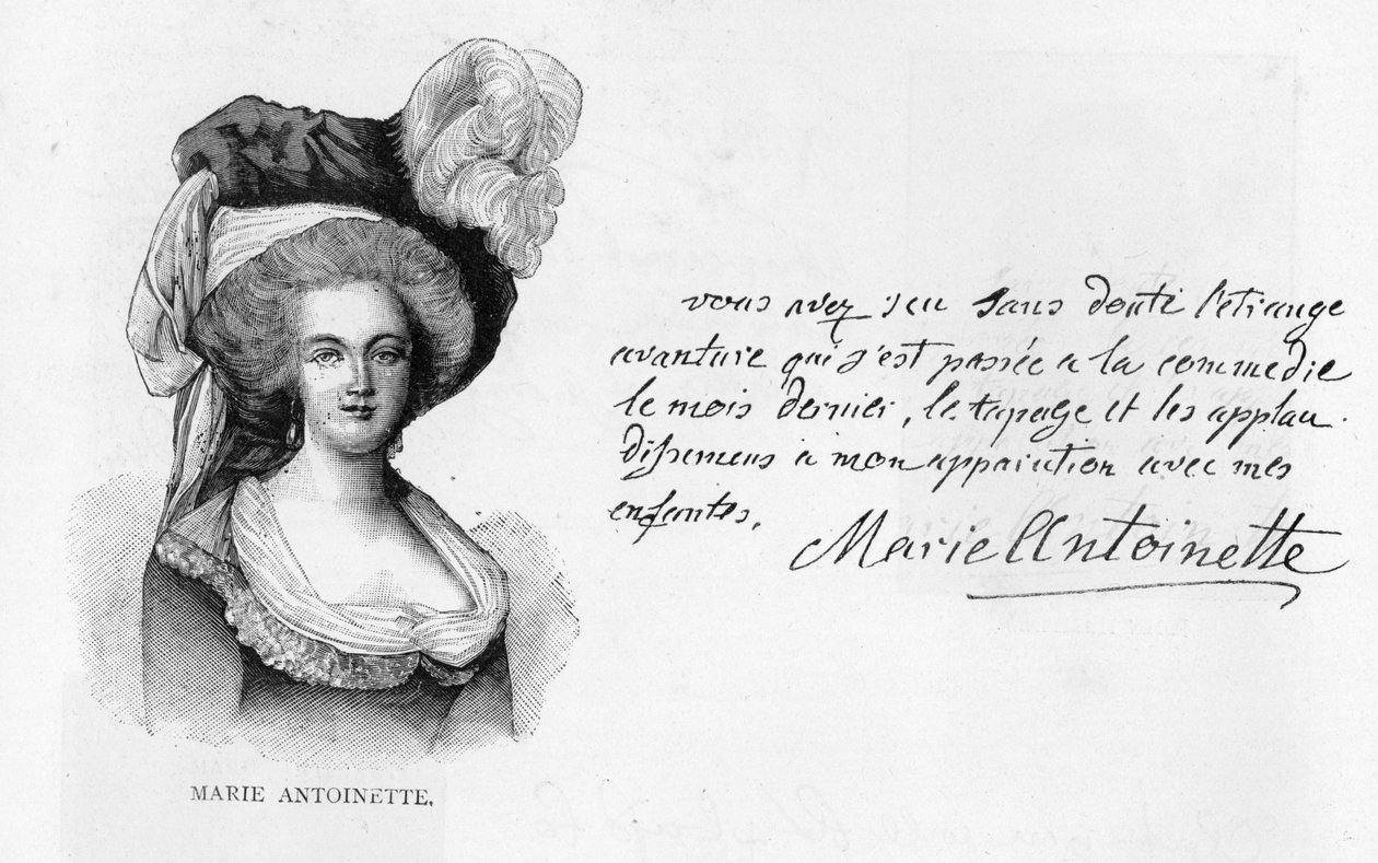Dronning Marie-Antoinettes håndskrift og signatur (pen og blæk på papir) af Unbekannt