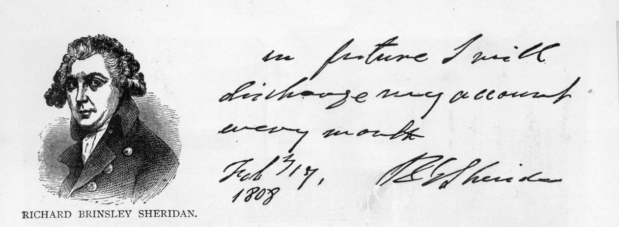 Håndskrift og signatur af Richard Brinsley Sheridan af Unbekannt