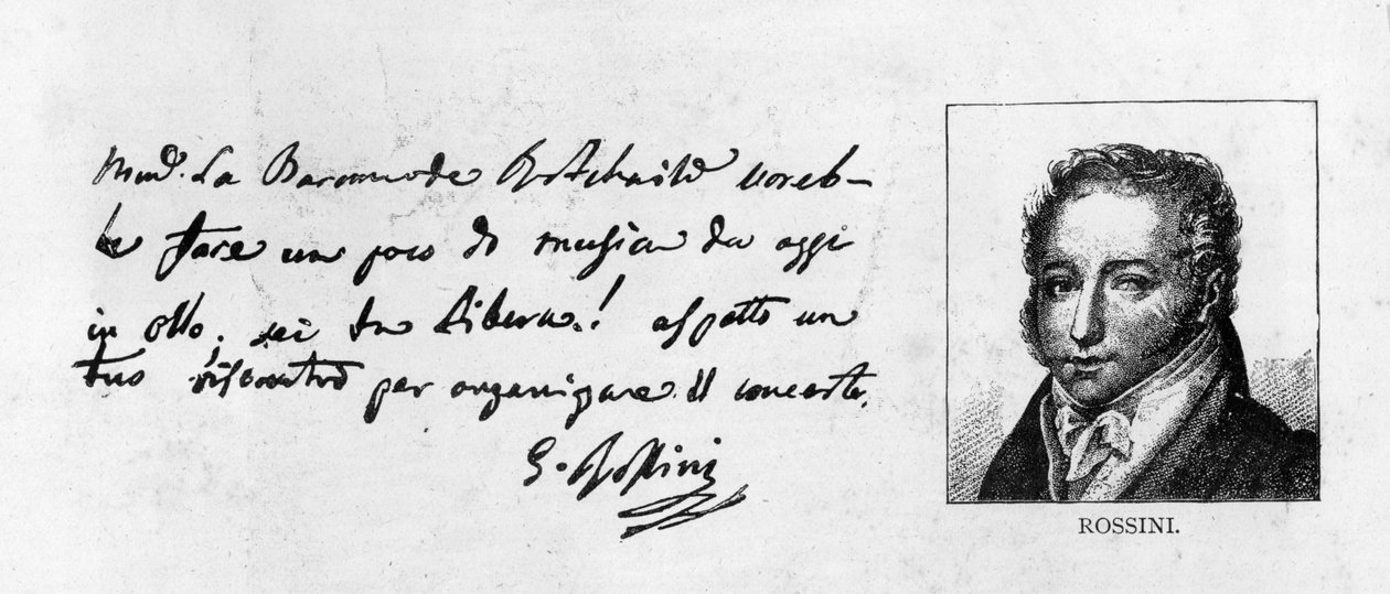 Håndskrift og signatur af Rossini fra et brev, der arrangerer en koncert for Baronne de Rothschild (pen & blæk på papir) af Unbekannt