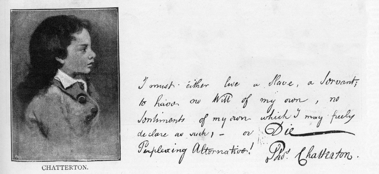 Håndskrift og underskrift af Thomas Chatterton fra et brev skrevet til William Barrett som svar på Barretts remonstrationer mod Chattertons hensigt om at begå selvmord af Unbekannt