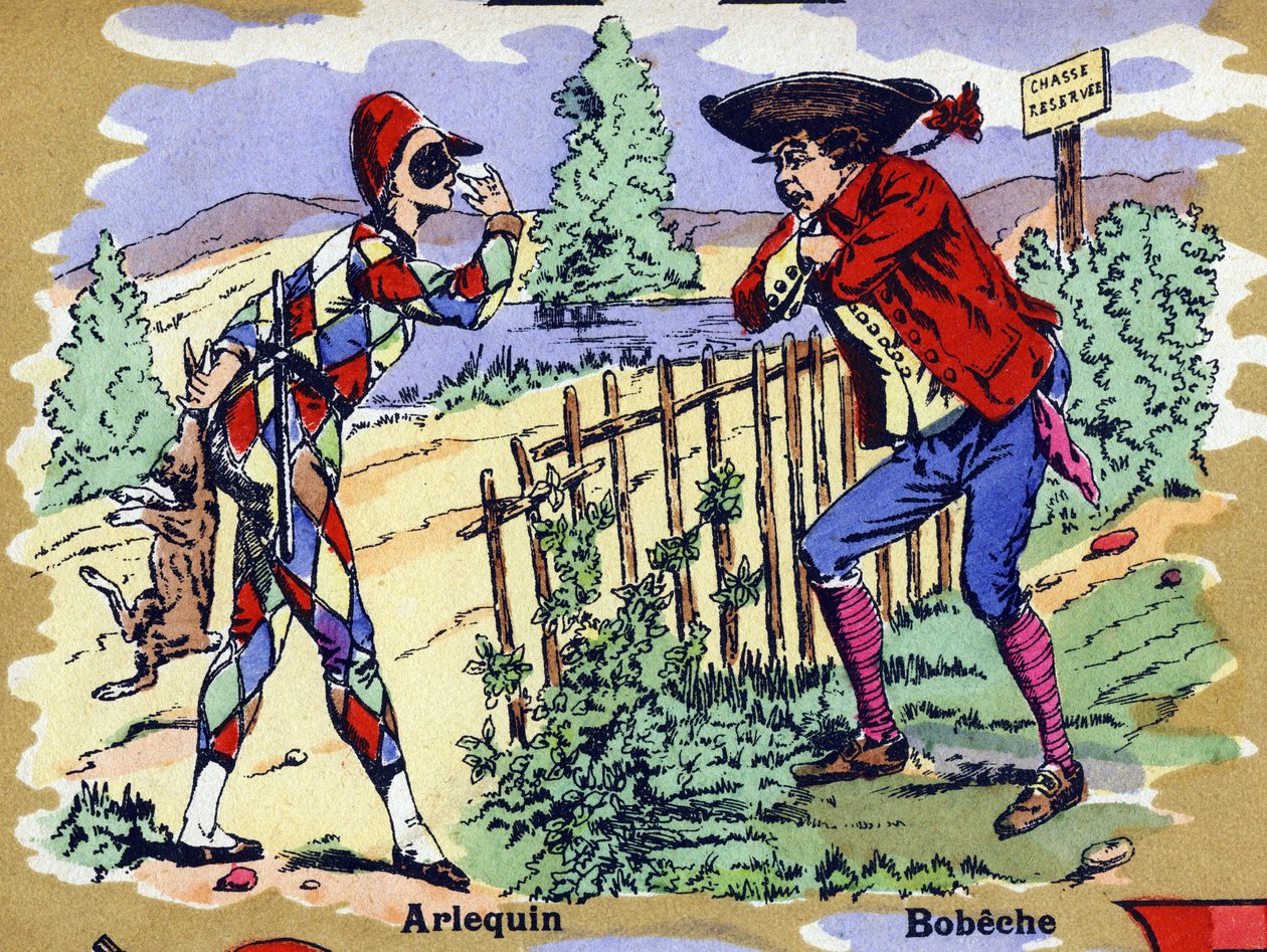 Harlekin og Bobeche. Illustreret alfabet. Billeder genforenet i Jarville-Nancy, begyndelsen af det 20. århundrede. Mål: 40 x 29 cm. Litografi på bistre baggrund af William M. Timlin