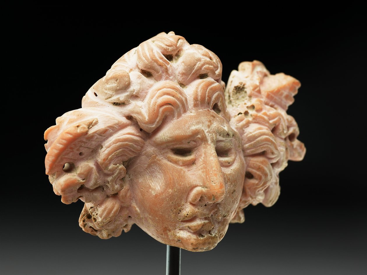 Hovedet af Medusa, fra Bactria eller Gandhara, 2.-1. århundrede f.Kr. (lyserød koral) af Unbekannt