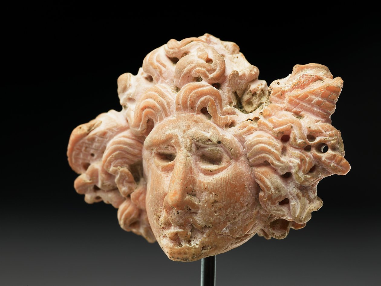 Hovedet af Medusa, fra Bactria eller Gandhara, 2.-1. århundrede f.Kr. (lyserød koral) af Unbekannt