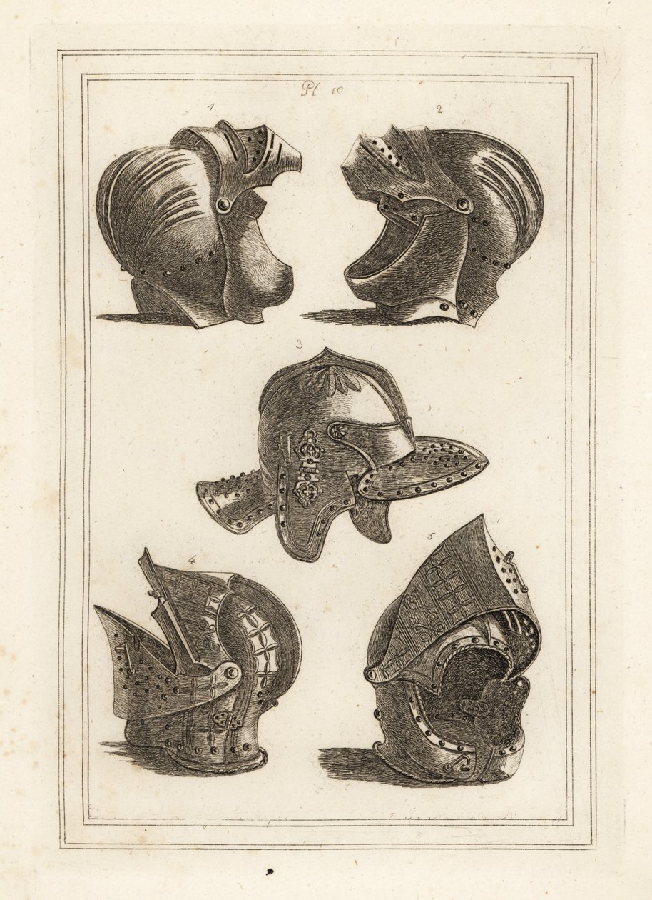 Hjelm af John de Courcy, Earl of Ulster 1,2, Oliver Cromwells hovedstykke 3, vippehjelm 4,5 af Unbekannt
